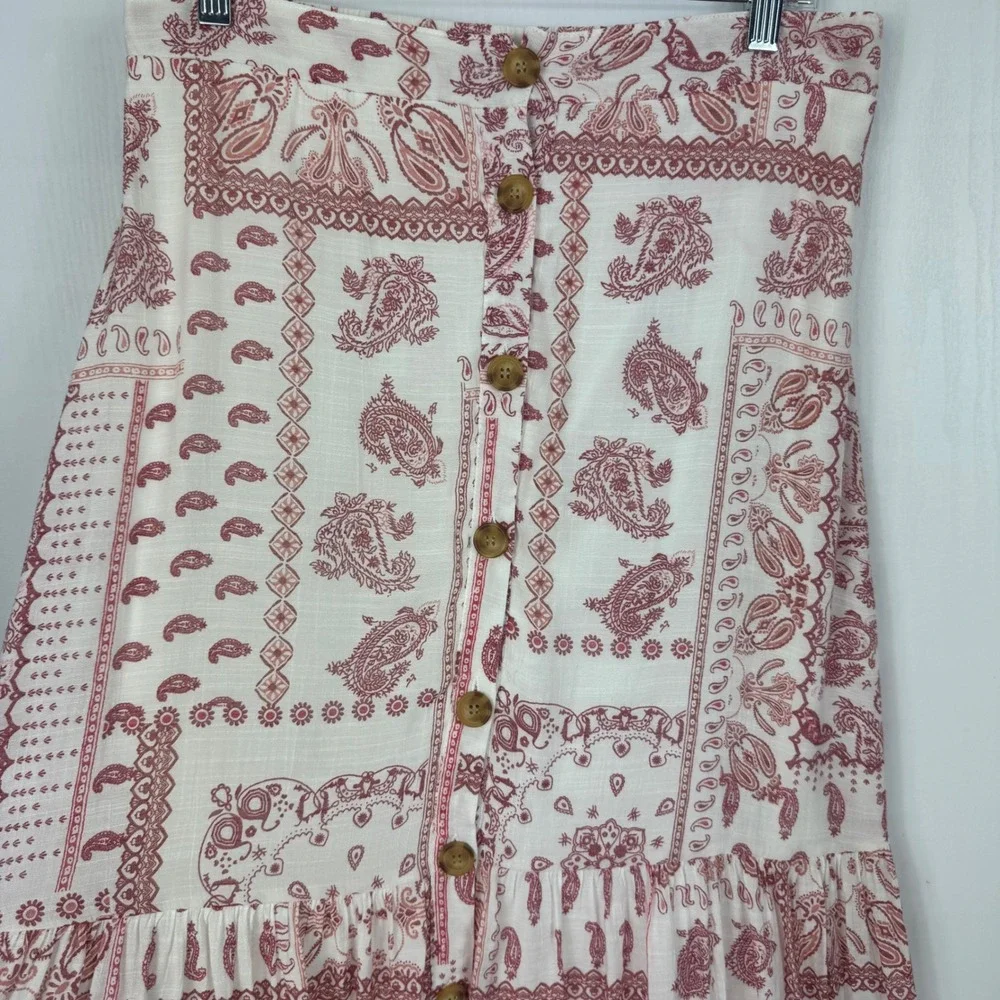 Mlle Gabrielle Red White Paisley Bandana Button Front Ruffle Midi Skirt Size L - Picture 6 of 12